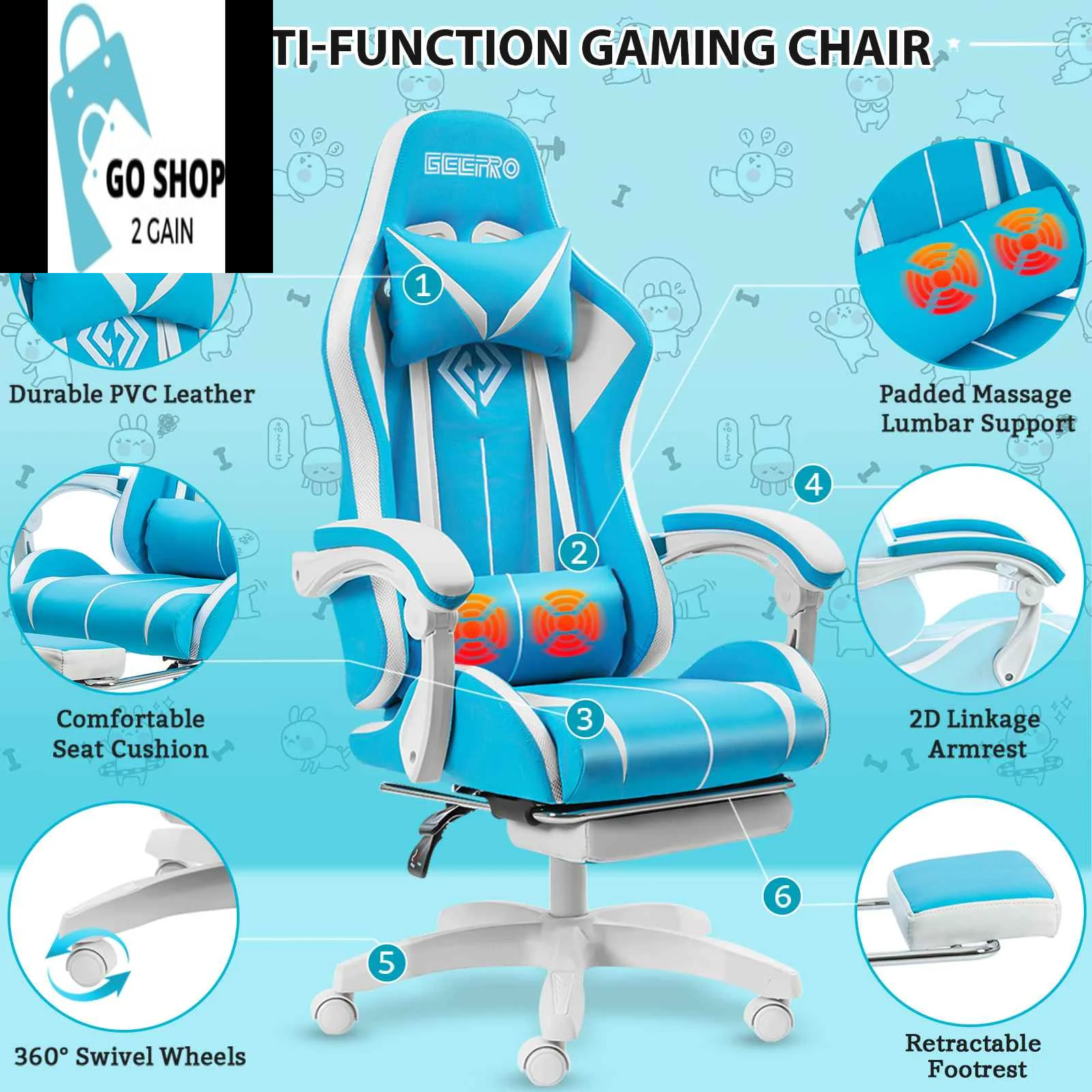 Ultimate Gaming Chair: RGB Light, Ergonomic Design, and 2-Point Massage for Gamers &amp; Office Use