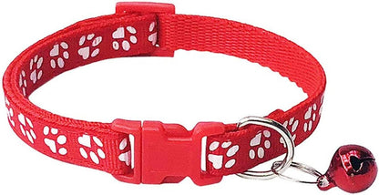 2-Pack Footprint & Reflective Cat Collar with Bell Basic Dog Cat Collar Buckle Adjustable Polyester Cat Dog Collar or Seatbelts (Small, Red)