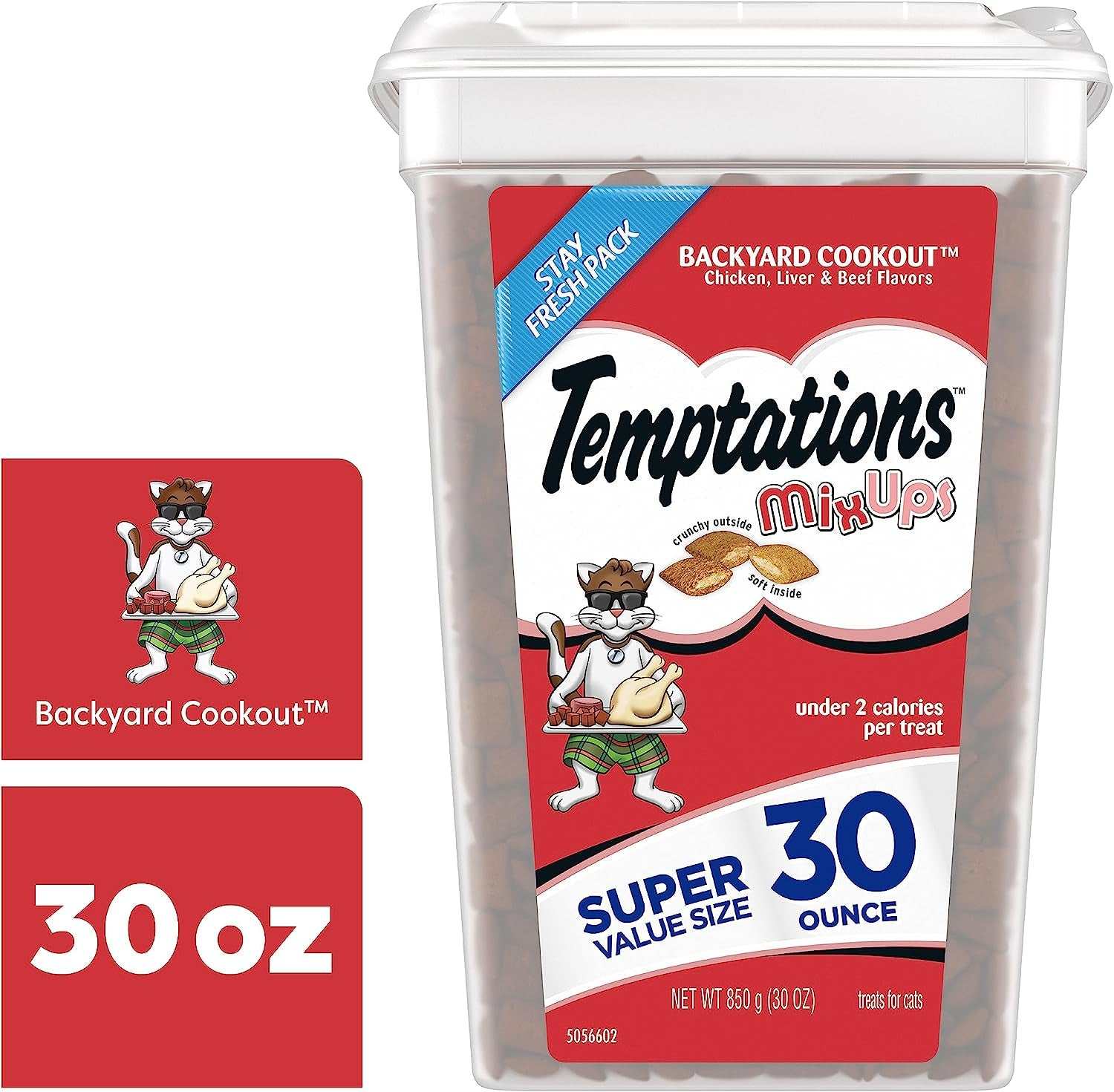 TEMPTATIONS MIXUPS Crunchy and Soft Cat Treats Backyard Cookout Flavor, 30 Oz. Tub