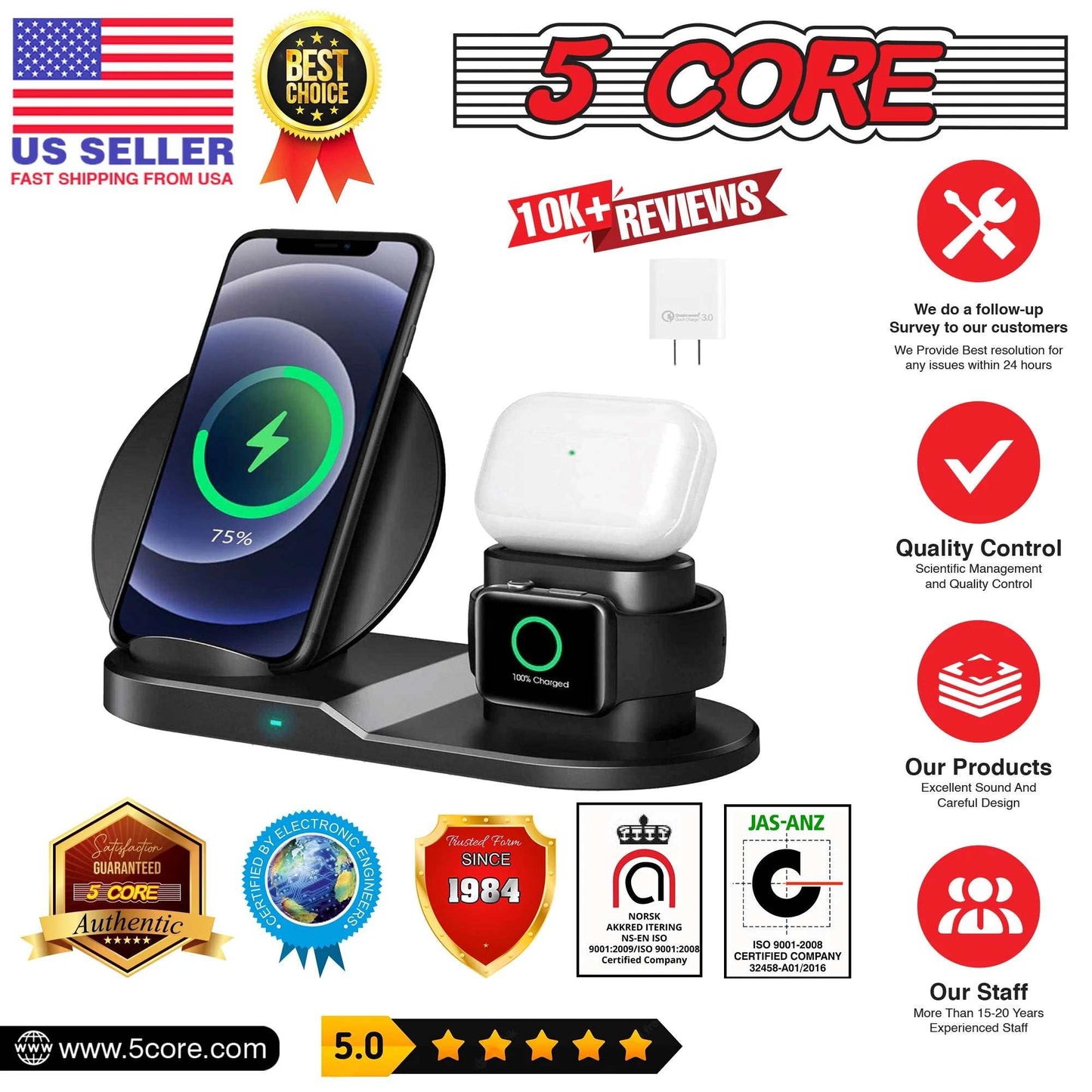 Wireless Charging Station 3 in 1 Wireless Charger Stand QI Fast Wireless Charging W Dual Coil for Samsung Iphone for Apple Watch Airpod -WCR 3