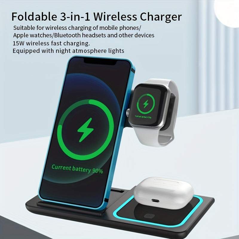 3 in 1 Fast Charging Station, Folding Wireless Charger Stand for Iphone 14,13,12,11/Pro/Max/Mini/Plus, X, XR, Xs/Max, SE, 8/Plus, Apple Watch 1-8, Airpods 3/2/Pro