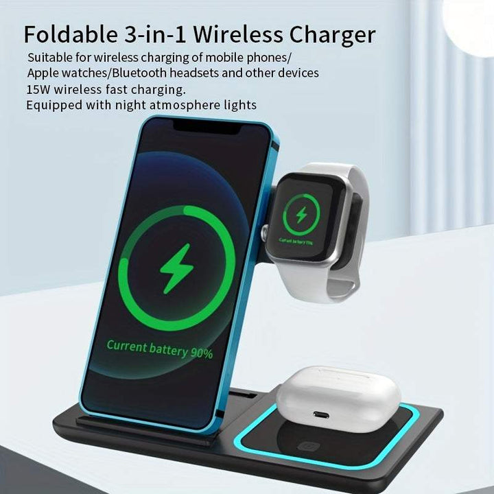 3 in 1 Fast Charging Station, Folding Wireless Charger Stand for Iphone 14,13,12,11/Pro/Max/Mini/Plus, X, XR, Xs/Max, SE, 8/Plus, Apple Watch 1-8, Airpods 3/2/Pro