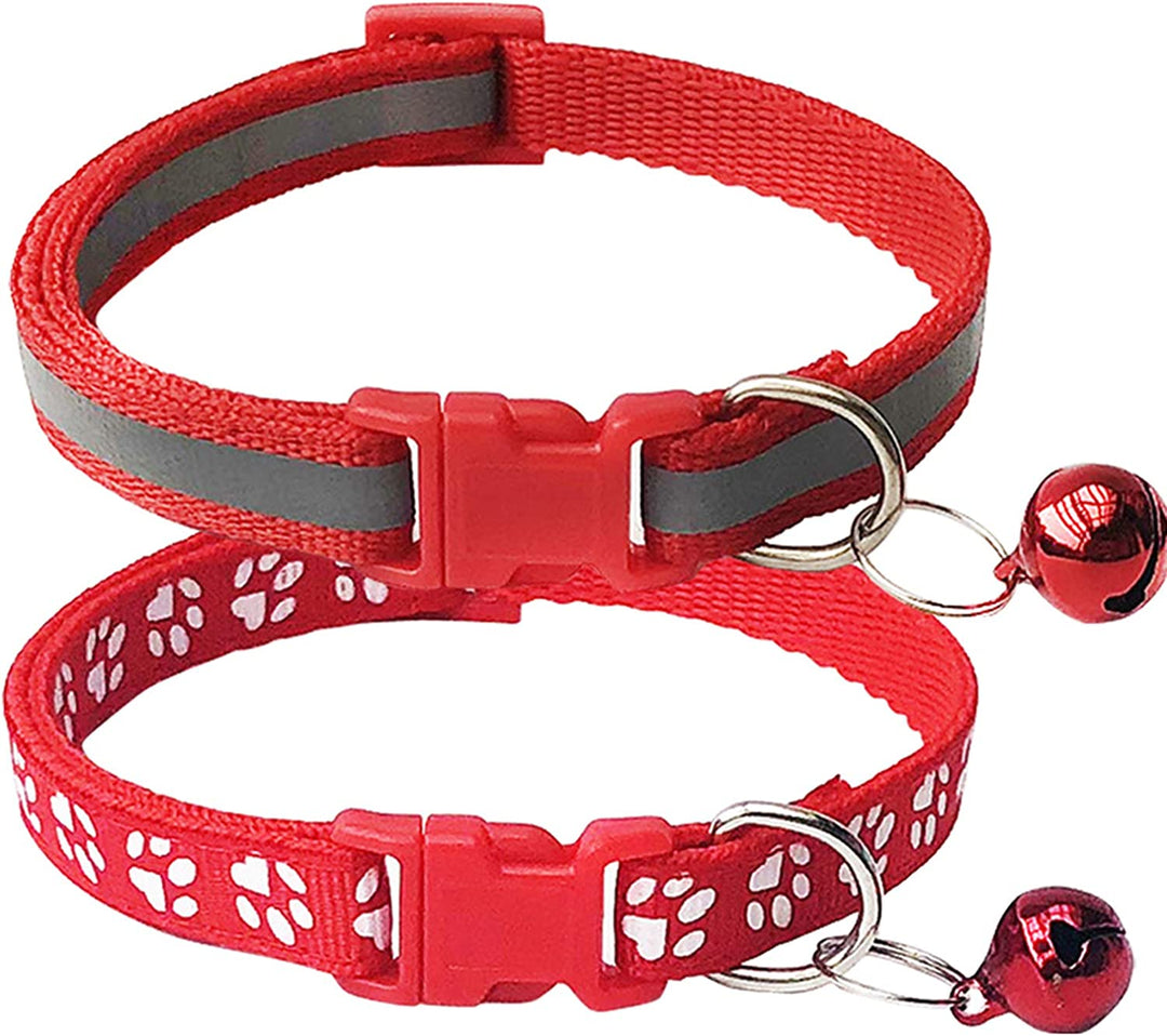 2-Pack Footprint & Reflective Cat Collar with Bell Basic Dog Cat Collar Buckle Adjustable Polyester Cat Dog Collar or Seatbelts (Small, Red)