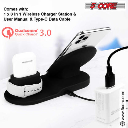  Wireless Charging Station 3 in 1 Wireless Charger Stand QI Fast Wireless Charging W Dual Coil for Samsung Iphone for Apple Watch Airpod -WCR 3