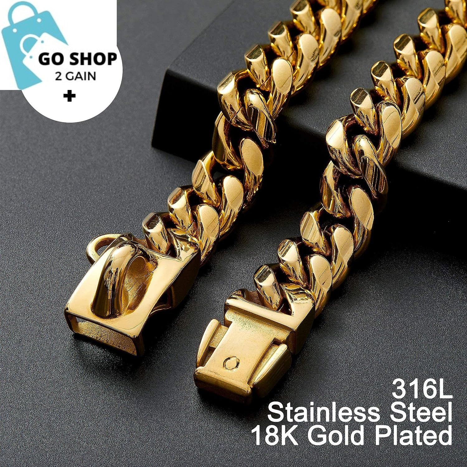 Gold Dog Chain Collar Walking Metal Chain Collar with Design Secure Buckle,18K Cuban Link Strong Heavy Duty Chew Proof for Medium Dogs(14Mm, 9.5&quot;)