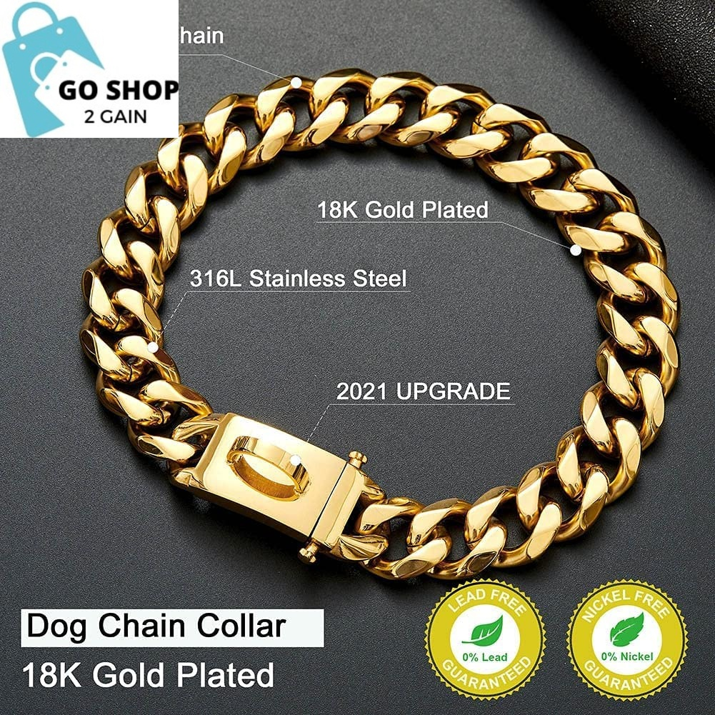 Gold Dog Chain Collar Walking Metal Chain Collar with Design Secure Buckle,18K Cuban Link Strong Heavy Duty Chew Proof for Medium Dogs(14Mm, 9.5&quot;)