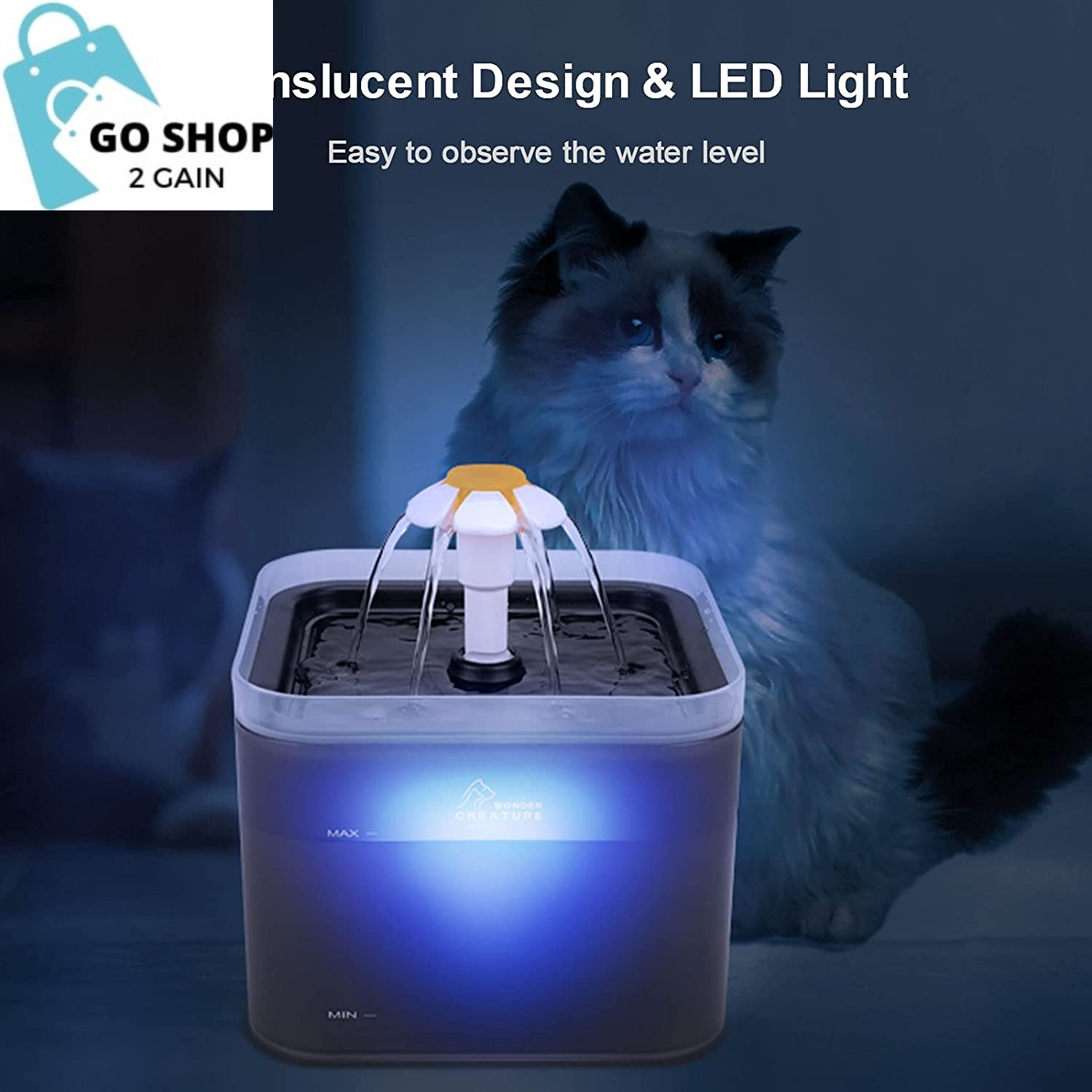 Fantasy Cat Water Fountain, 67Oz/2L Automatic Cat Drinking Fountain, Pet Water Fountain with LED Light and Filter for Cats and Small Dogs (Grey)