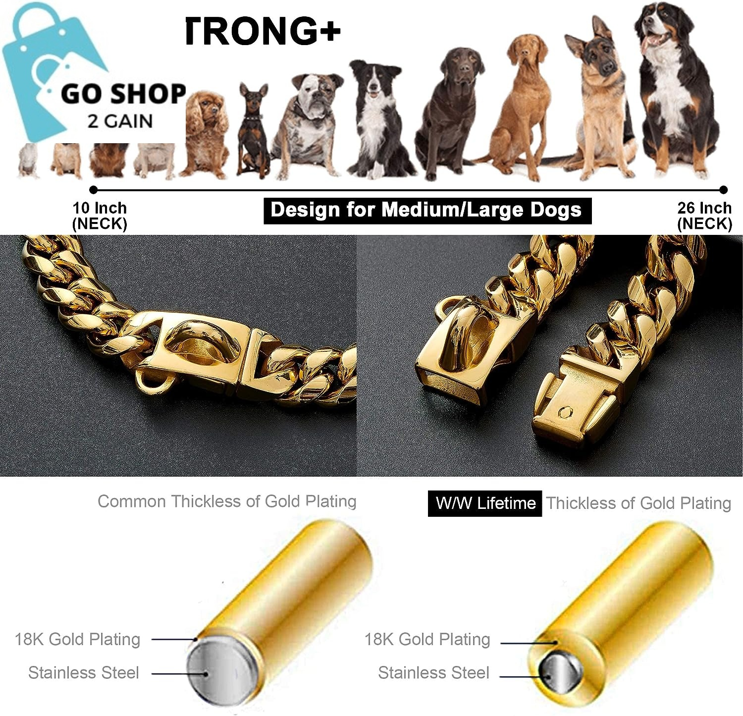 Gold Dog Chain Collar Walking Metal Chain Collar with Design Secure Buckle,18K Cuban Link Strong Heavy Duty Chew Proof for Medium Dogs(14Mm, 9.5&quot;)
