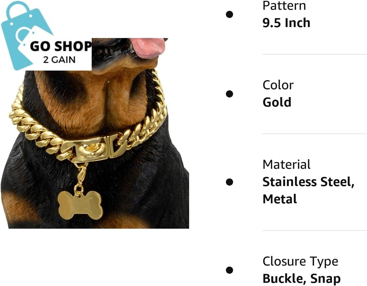 Gold Dog Chain Collar Walking Metal Chain Collar with Design Secure Buckle,18K Cuban Link Strong Heavy Duty Chew Proof for Medium Dogs(14Mm, 9.5&quot;)
