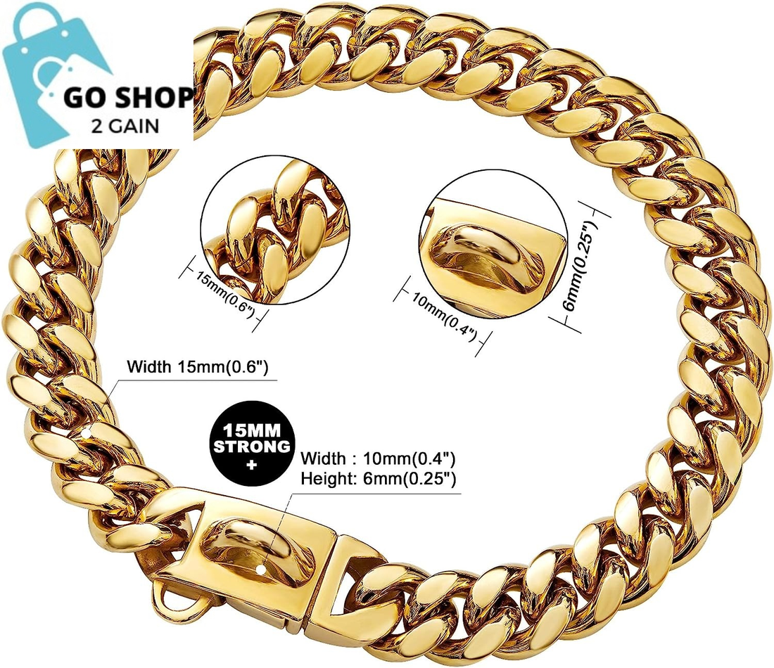Gold Dog Chain Collar Walking Metal Chain Collar with Design Secure Buckle,18K Cuban Link Strong Heavy Duty Chew Proof for Medium Dogs(14Mm, 9.5&quot;)