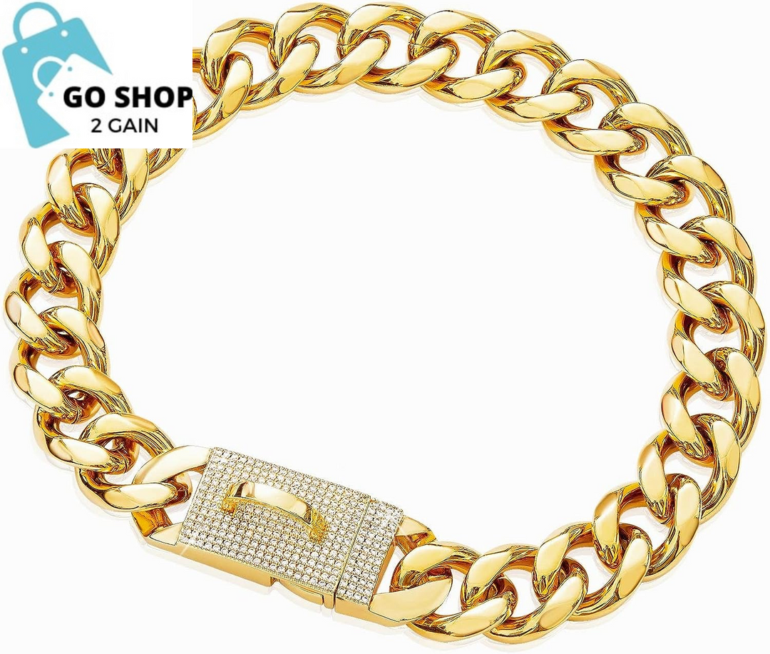 Gold Chain Cuban Link Dog Collar with CZ Lock,19Mm Width Stainless Steel Personalized Luxury Necklace Dog Collar for Large Medium Dogs