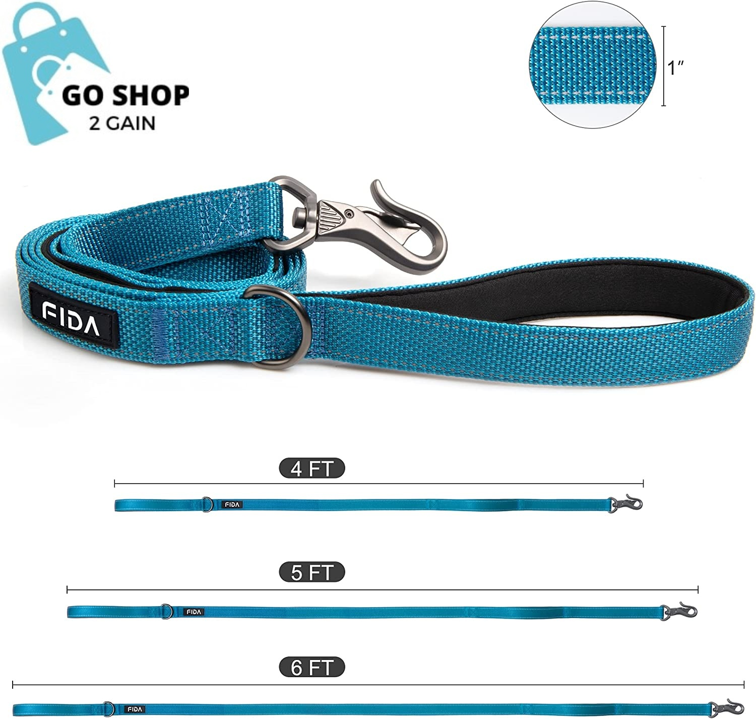 Fida 5 FT Heavy Duty Dog Leash with 2 Comfortable Padded Handles, Traffic Handle &amp; Advanced Easy Snap Hook, Reflective Walking Lead for Large, Medium &amp; Small Breed Dogs, Blue