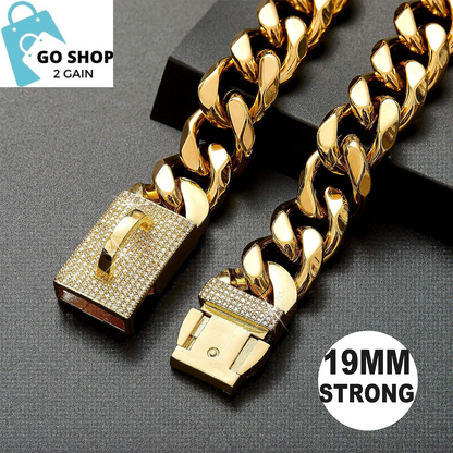 Gold Chain Cuban Link Dog Collar with CZ Lock,19Mm Width Stainless Steel Personalized Luxury Necklace Dog Collar for Large Medium Dogs