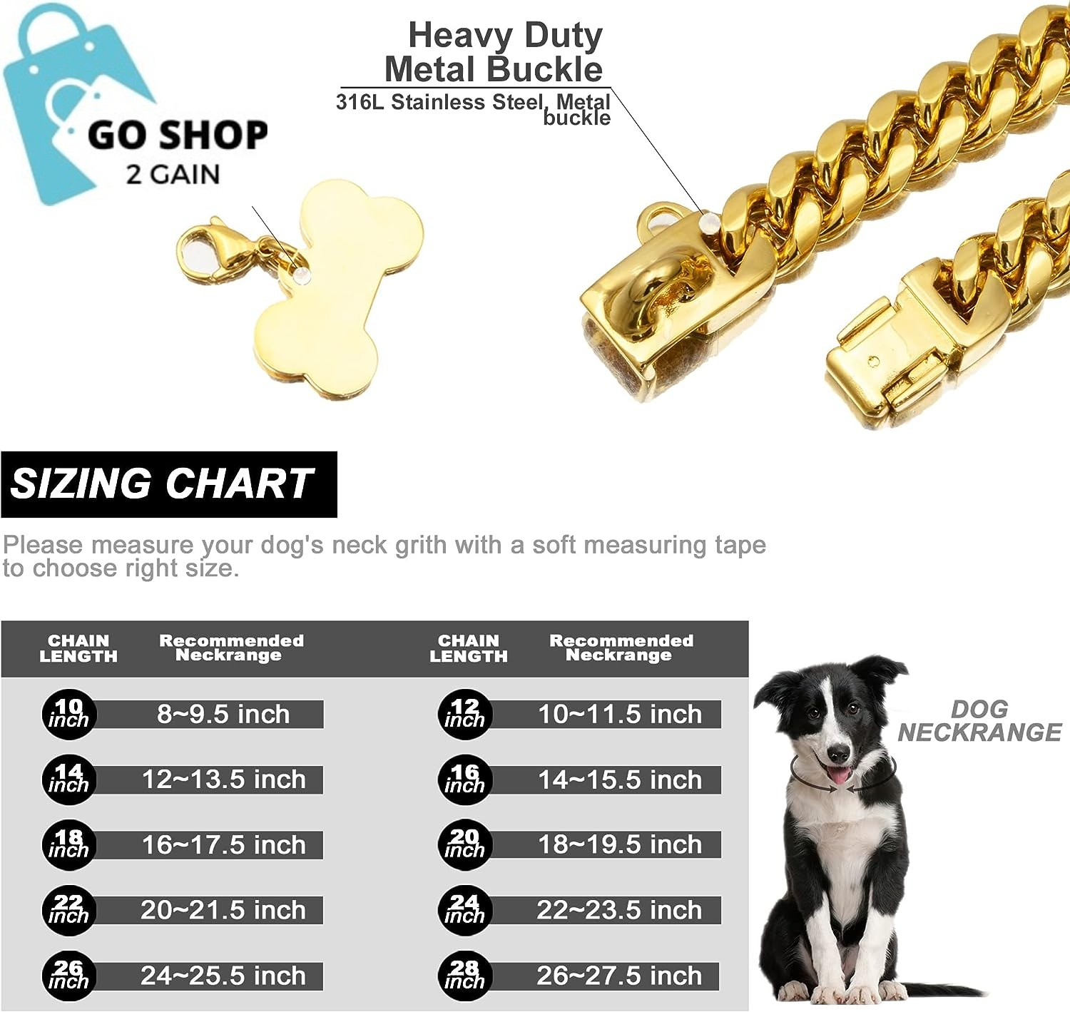 Gold Dog Chain Collar Walking Metal Chain Collar with Design Secure Buckle,18K Cuban Link Strong Heavy Duty Chew Proof for Medium Dogs(14Mm, 9.5&quot;)