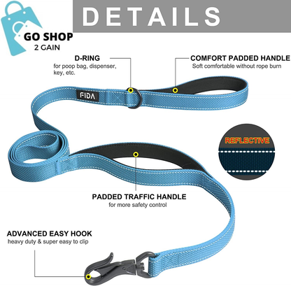 Fida 5 FT Heavy Duty Dog Leash with 2 Comfortable Padded Handles, Traffic Handle & Advanced Easy Snap Hook, Reflective Walking Lead for Large, Medium & Small Breed Dogs, Blue