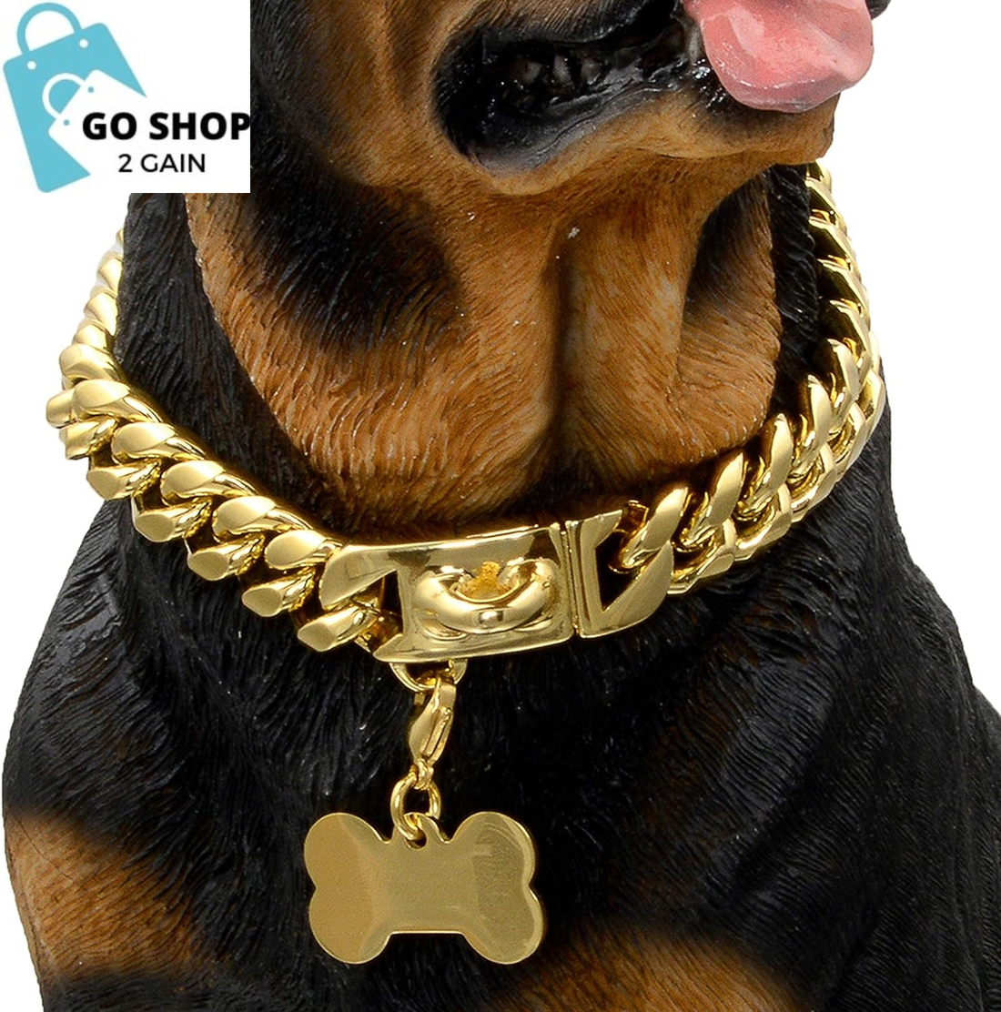 Gold Dog Chain Collar Walking Metal Chain Collar with Design Secure Buckle,18K Cuban Link Strong Heavy Duty Chew Proof for Medium Dogs(14Mm, 9.5&quot;)