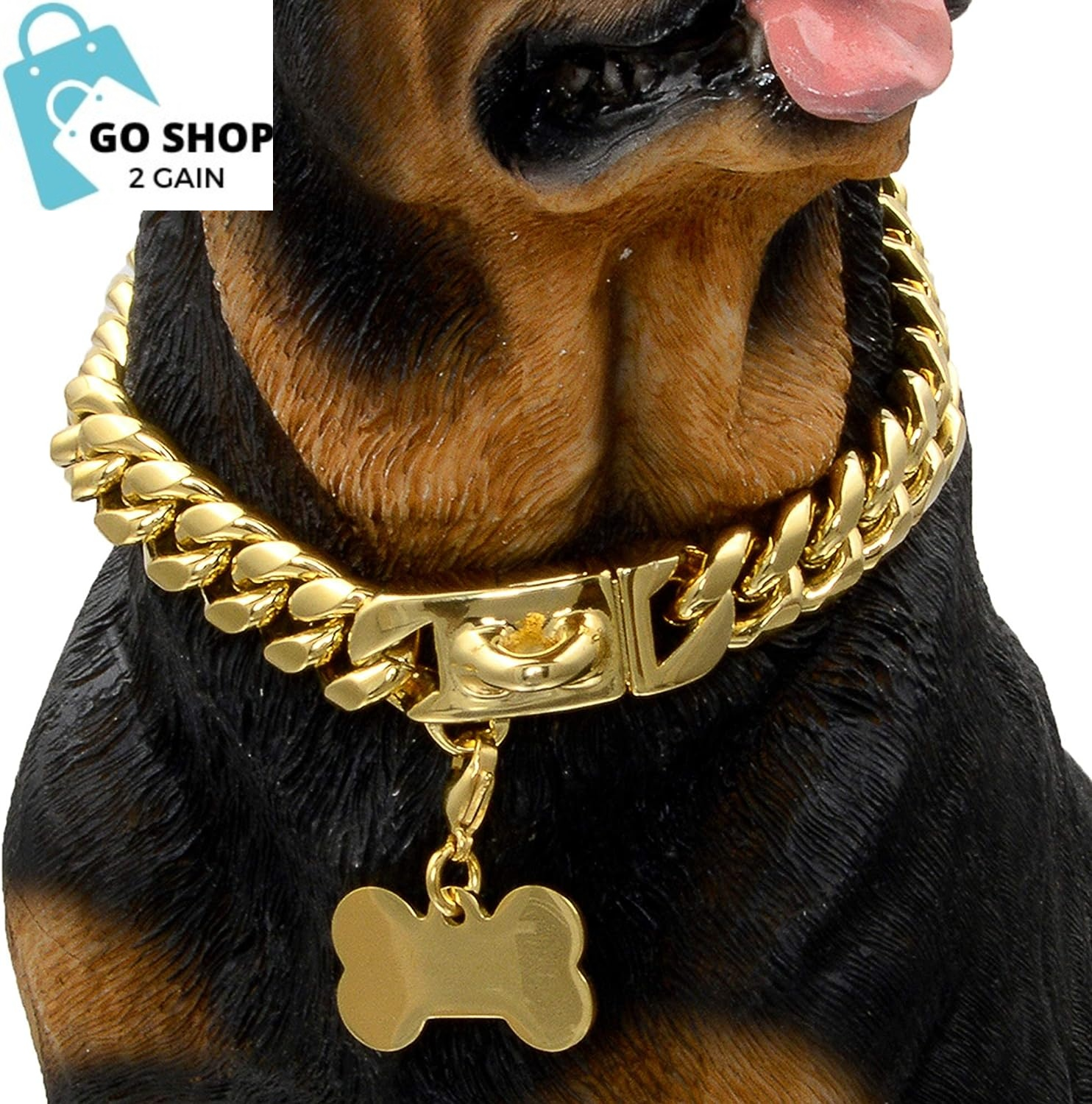 Gold Dog Chain Collar Walking Metal Chain Collar with Design Secure Buckle,18K Cuban Link Strong Heavy Duty Chew Proof for Medium Dogs(14Mm, 9.5&quot;)